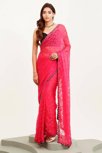 Pink floral brasso designer saree with blouse