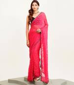 Pink floral brasso designer saree with blouse