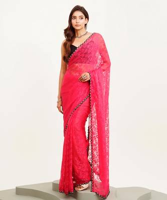 Pink floral brasso designer saree with blouse 2