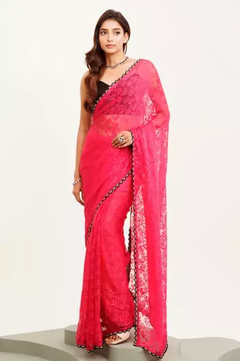 Pink floral brasso designer saree with blouse