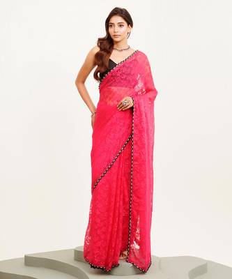 Pink floral brasso designer saree with blouse 3