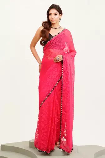 Pink floral brasso designer saree with blouse