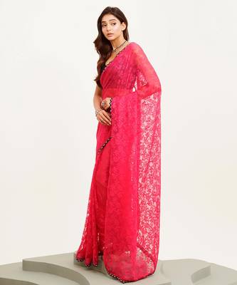 Pink floral brasso designer saree with blouse 4