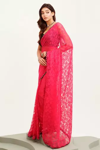 Pink floral brasso designer saree with blouse