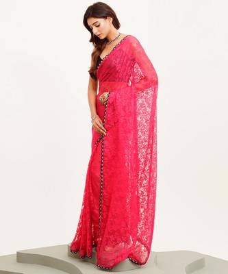 Pink floral brasso designer saree with blouse 5