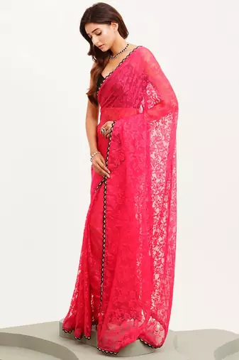 Pink floral brasso designer saree with blouse