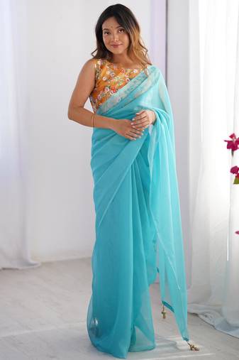 Blue organza saree with blouse