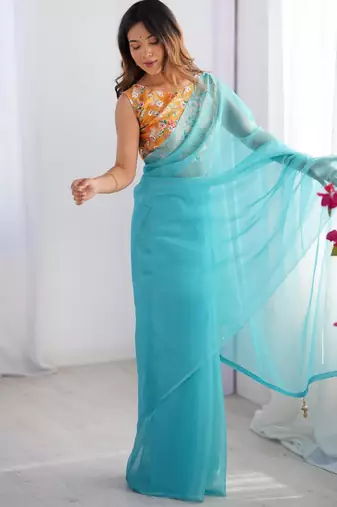 Blue organza saree with blouse