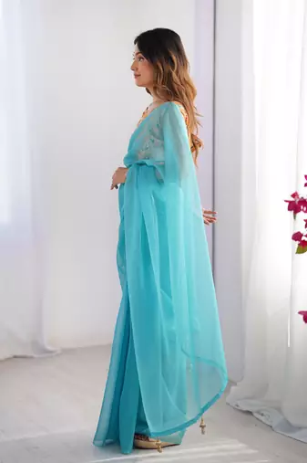 Blue organza saree with blouse