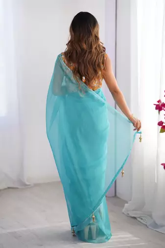 Blue organza saree with blouse