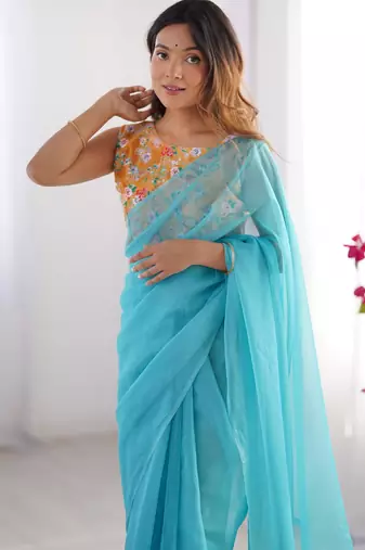 Blue organza saree with blouse