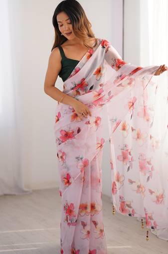 Multicolor organza floral print designer saree with blouse