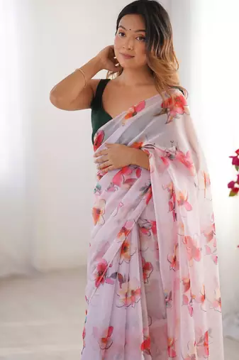 Multicolor organza floral print designer saree with blouse