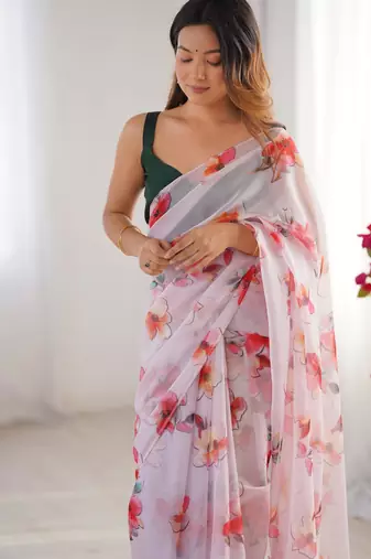 Multicolor organza floral print designer saree with blouse