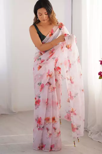 Multicolor organza floral print designer saree with blouse
