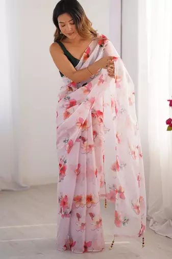 Multicolor organza floral print designer saree with blouse