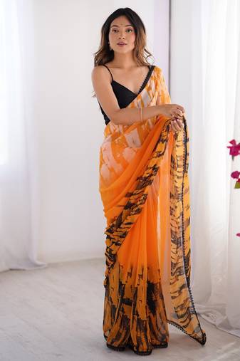 mustard chiffon designer digital print saree with blouse