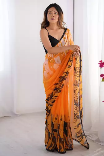 mustard chiffon designer digital print saree with blouse