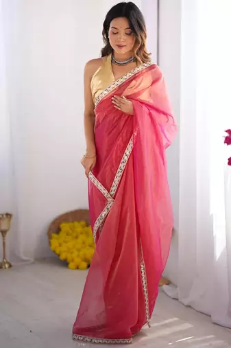 Pink embellished mirror work organza saree with blouse