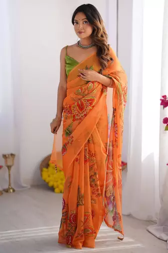 Mustard floral organza saree with blouse