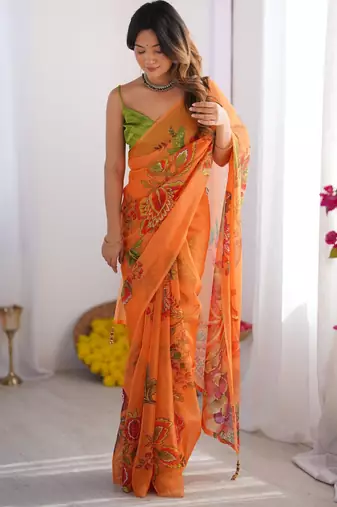 Mustard floral organza saree with blouse