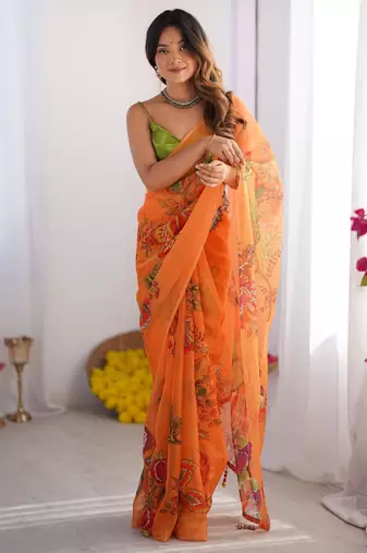 Mustard floral organza saree with blouse