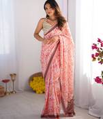 peach floral chinon saree with blouse