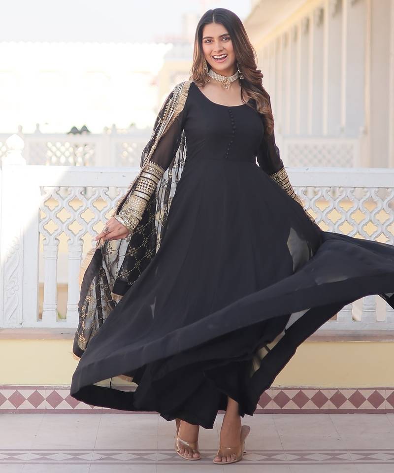 Black Faux Blooming Sequins & Embroidered Gown     Party Wear