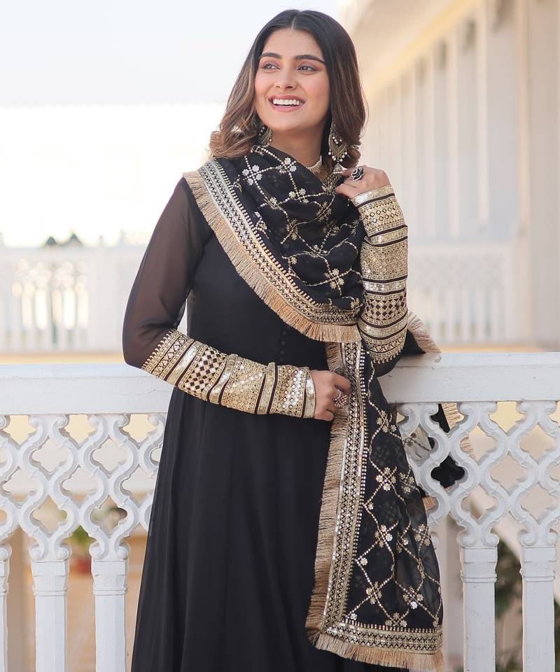 Black Faux Blooming Sequins & Embroidered Gown     Party Wear