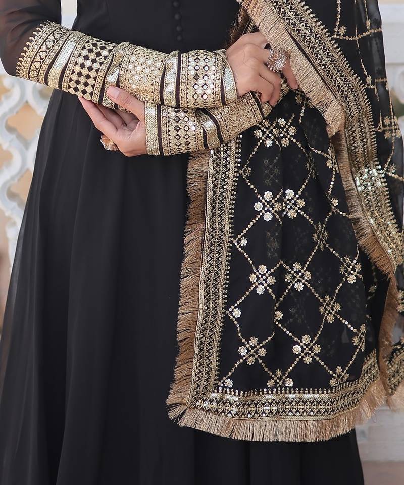 Black Faux Blooming Sequins & Embroidered Gown     Party Wear