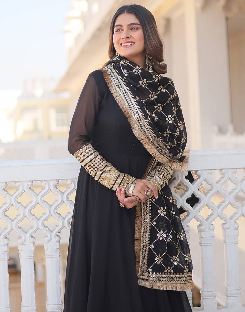 Black Faux Blooming Sequins & Embroidered Gown     Party Wear