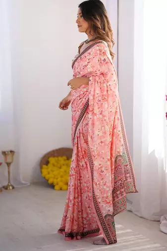 peach floral chinon saree with blouse
