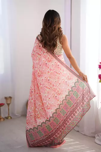 peach floral chinon saree with blouse