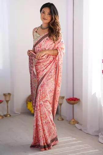 peach floral chinon saree with blouse