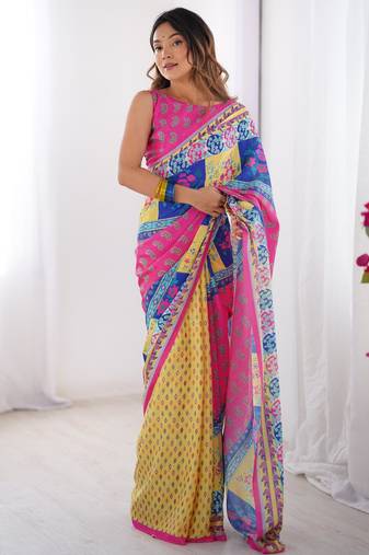 multicolor chinon digital print designer saree with blouse