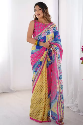 multicolor chinon digital print designer saree with blouse