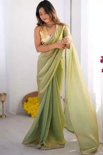 Metallic green tissue saree with unstitched blouse piece