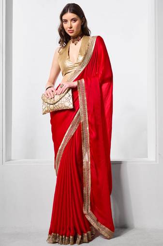 Red designer chiffon saree with blouse