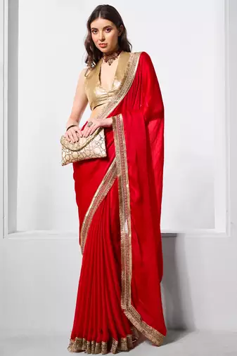 Red designer chiffon saree with blouse