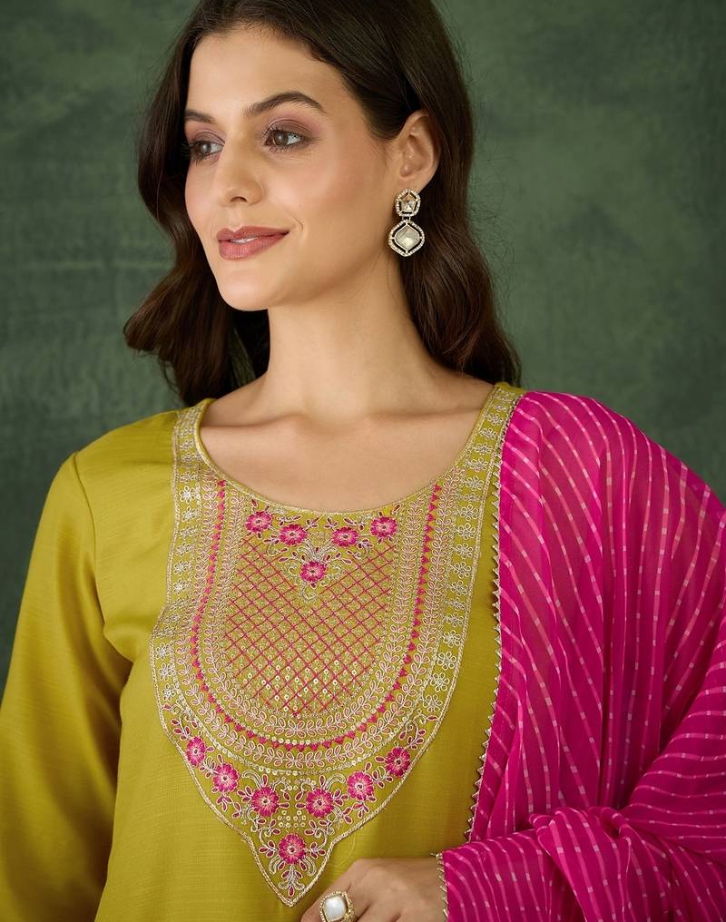 Women's Gorgeous Rayon Fabric Embroidery Work Straight Kurta Pant and Dupatta Set