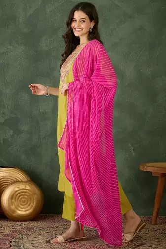 Women's  Rayon Embroidery Work Straight Kurta Pant and Dupatta Set