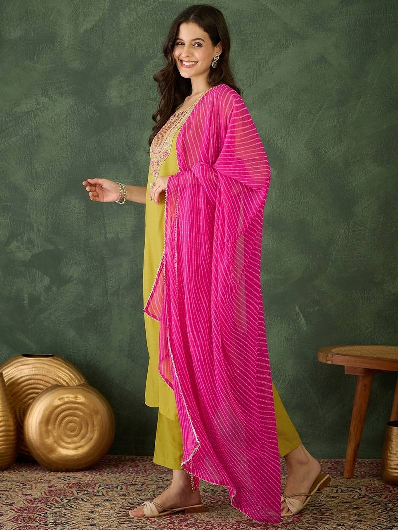 Women's Gorgeous Rayon Fabric Embroidery Work Straight Kurta Pant and Dupatta Set