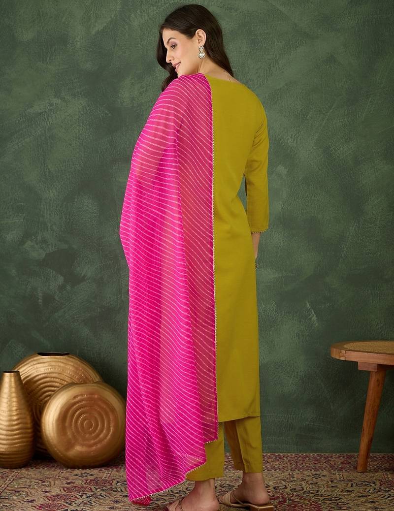 Women's Gorgeous Rayon Fabric Embroidery Work Straight Kurta Pant and Dupatta Set