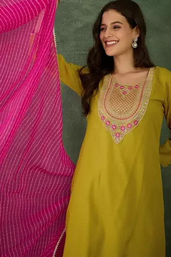 Women's  Rayon Embroidery Work Straight Kurta Pant and Dupatta Set