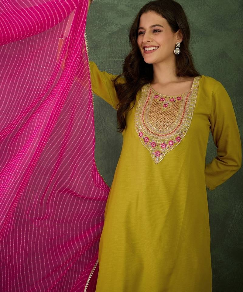 Women's Gorgeous Rayon Fabric Embroidery Work Straight Kurta Pant and Dupatta Set