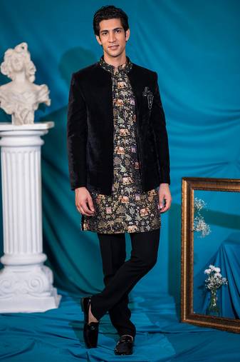 Embroidered black velvet jodhpuri suit with silk kurta