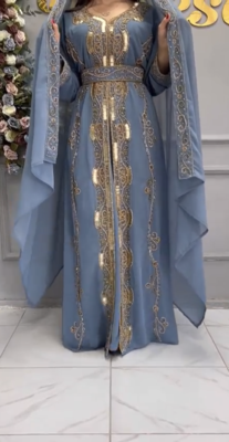 Elegant Sky Blue Moroccan Embroidered Kaftan With Belt & Dupatta | Party & Occasion Wear 1