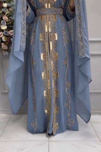 Elegant Sky Blue Moroccan Embroidered Kaftan With Belt & Dupatta | Party & Occasion Wear