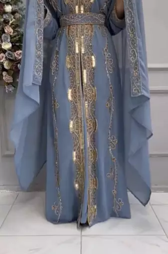 Elegant Sky Blue Moroccan Embroidered Kaftan With Belt & Dupatta | Party & Occasion Wear