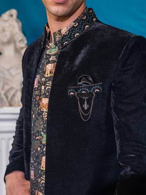 Embroidered black velvet jodhpuri suit with silk kurta 2